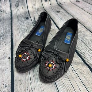 Valley Lane Vintage 90s Y2K Black Leather Western Beaded Moccasins Size 8M